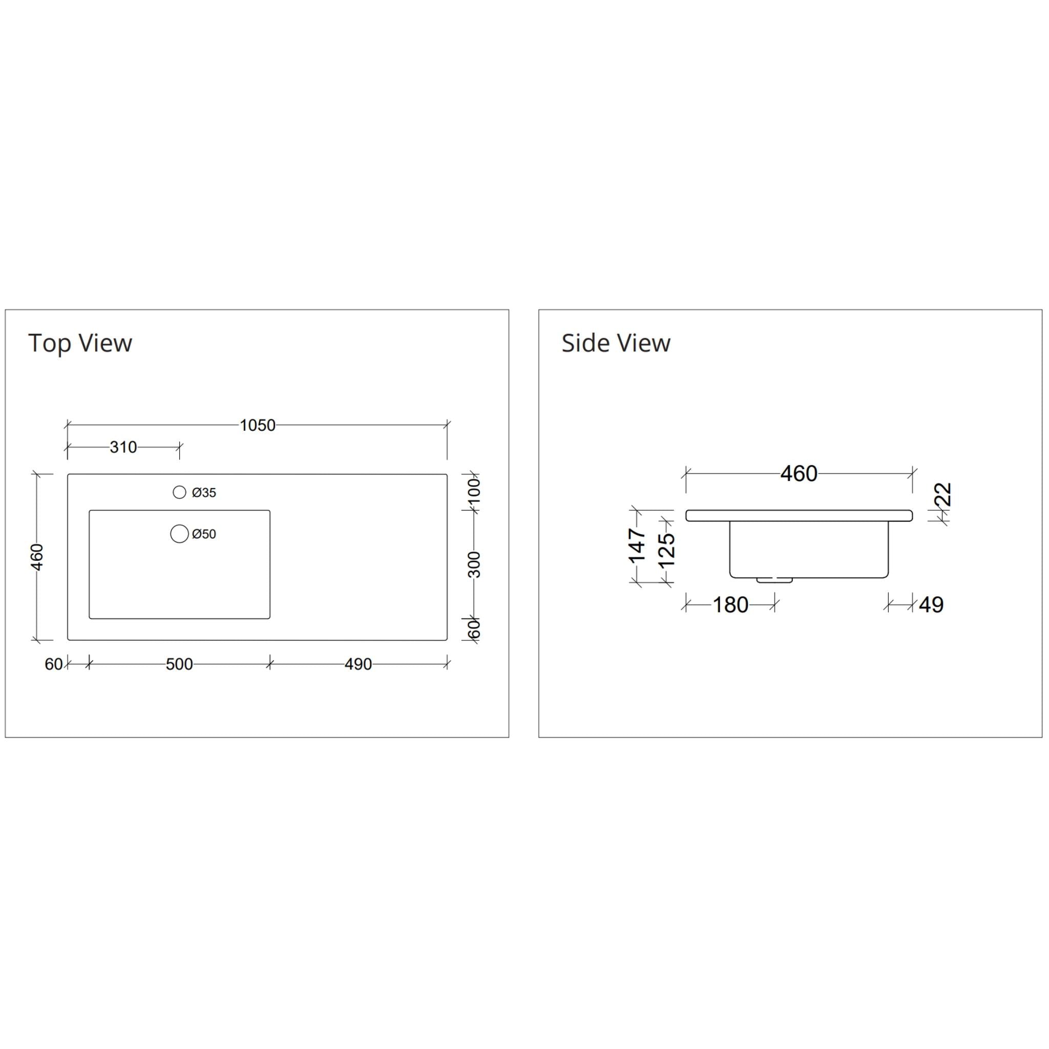 DUROCLASS MONACO GLOSS WHITE OFFSET SINGLE BOWL UNDERMOUNT VANITY TOP (MULTIPLE SIZES AVAILABLE)