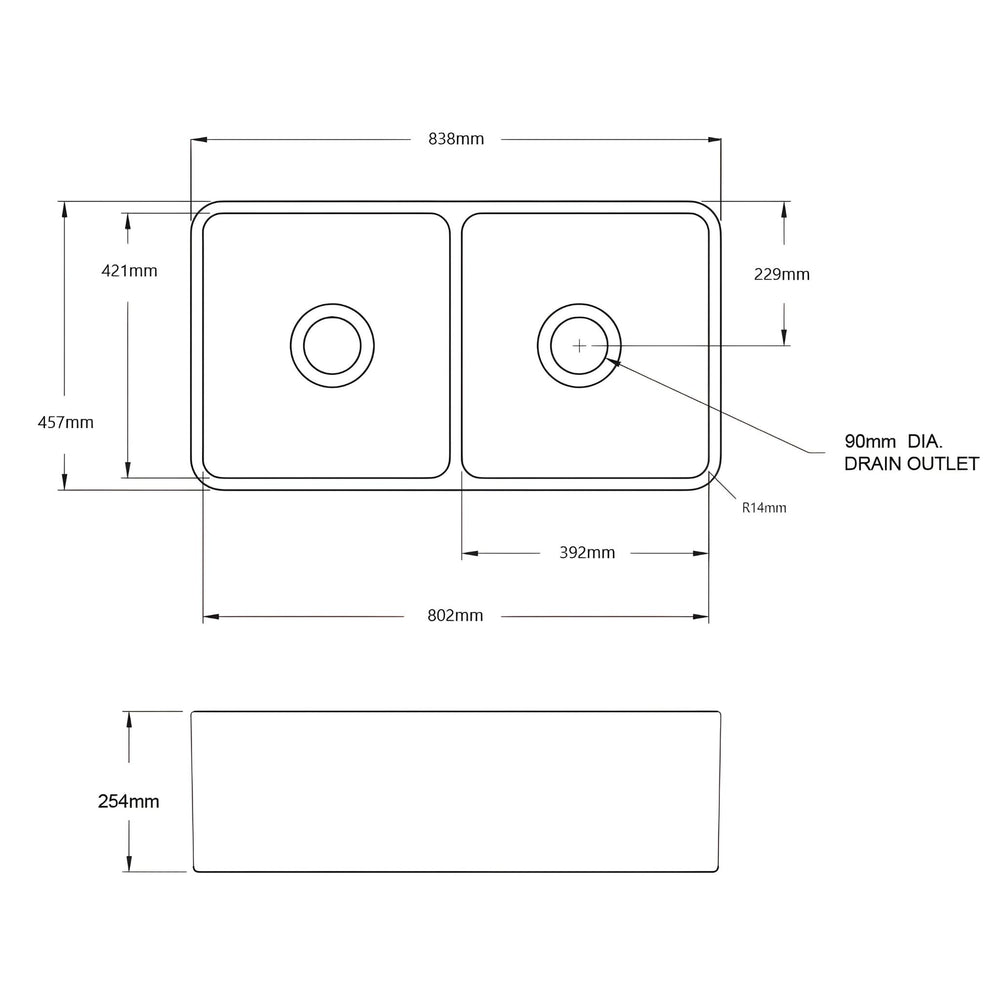 TURNER HASTINGS NOVI FIRECLAY DOUBLE BOWL FARMHOUSE BUTLER SINK GLOSS WHITE 840MM