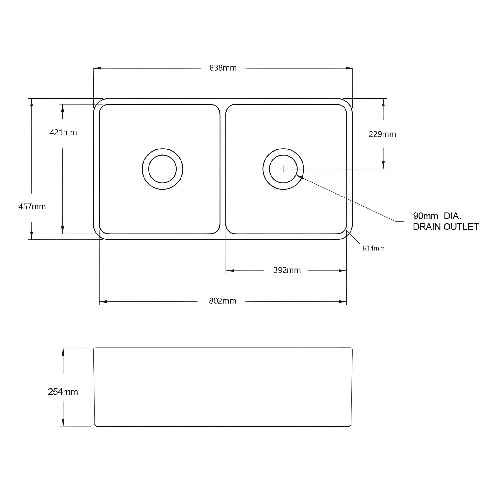 TURNER HASTINGS NOVI FIRECLAY DOUBLE BOWL FARMHOUSE BUTLER SINK WITH OVERFLOW MATTE BLACK 840MM