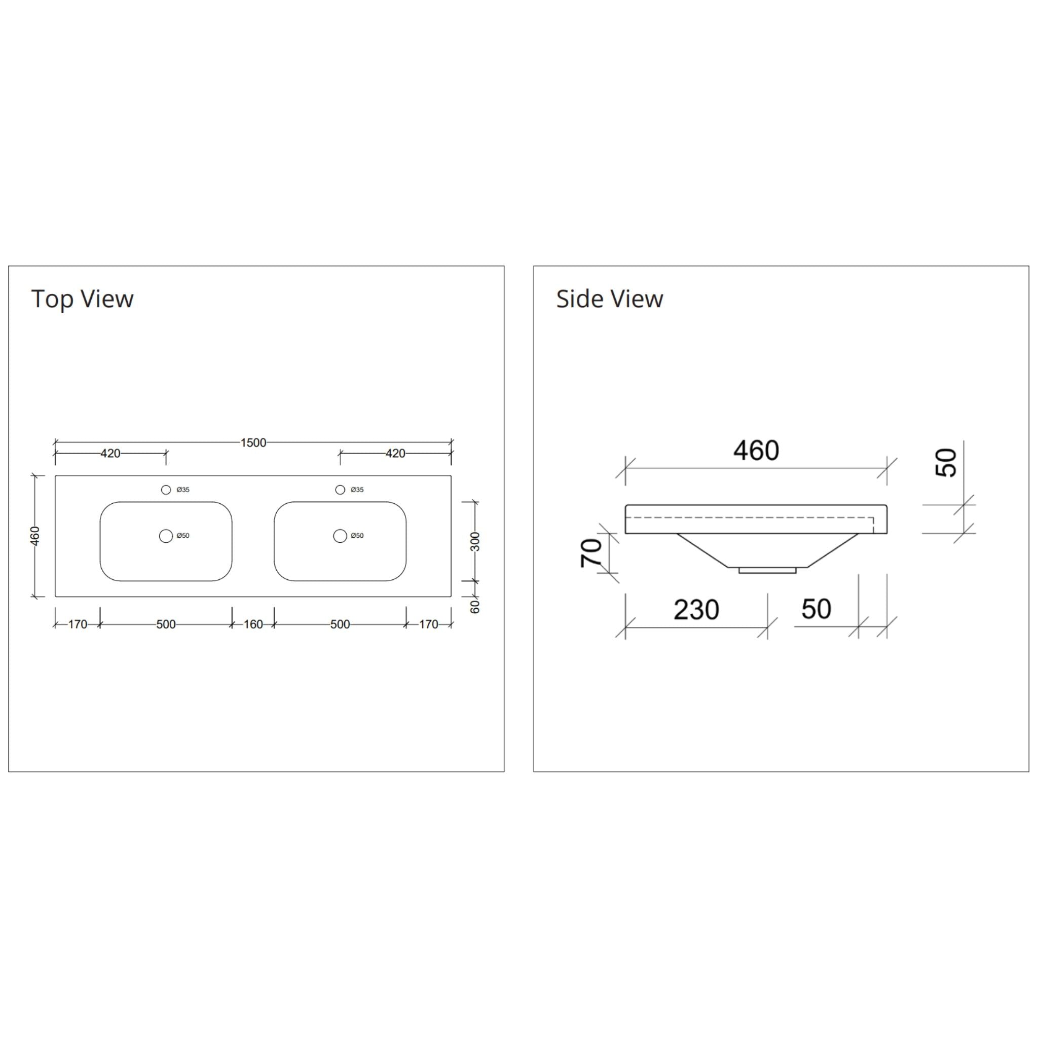 DUROCLASS OLYMPIC STADIUM GLOSS WHITE DOUBLE BOWL UNDERMOUNT VANITY TOP (AVAILABLE IN 1500MM AND 1800MM)