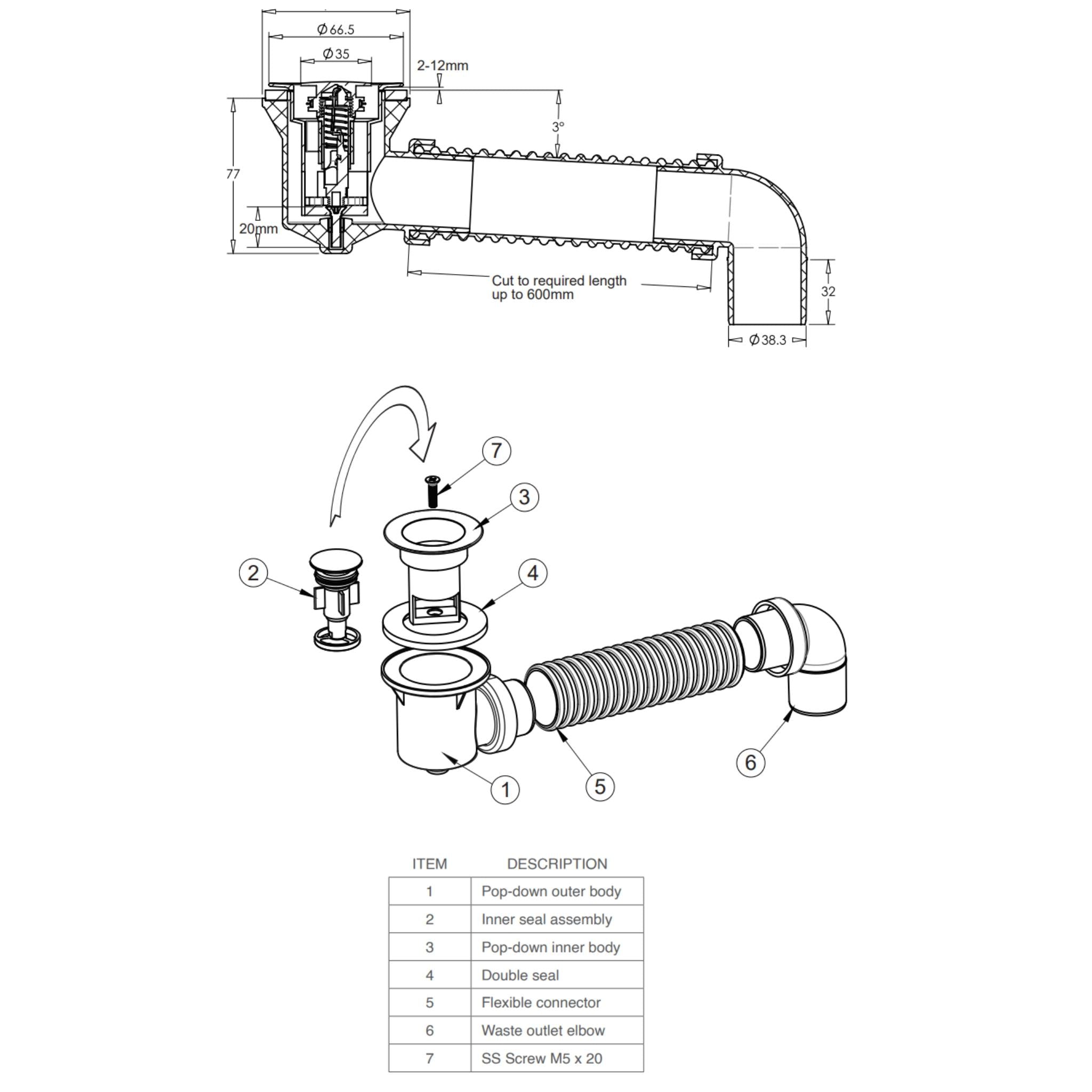 JOHNSON SUISSE POP DOWN BATH PLUG AND WASTE WITH CONNECTOR 40MM CHROME