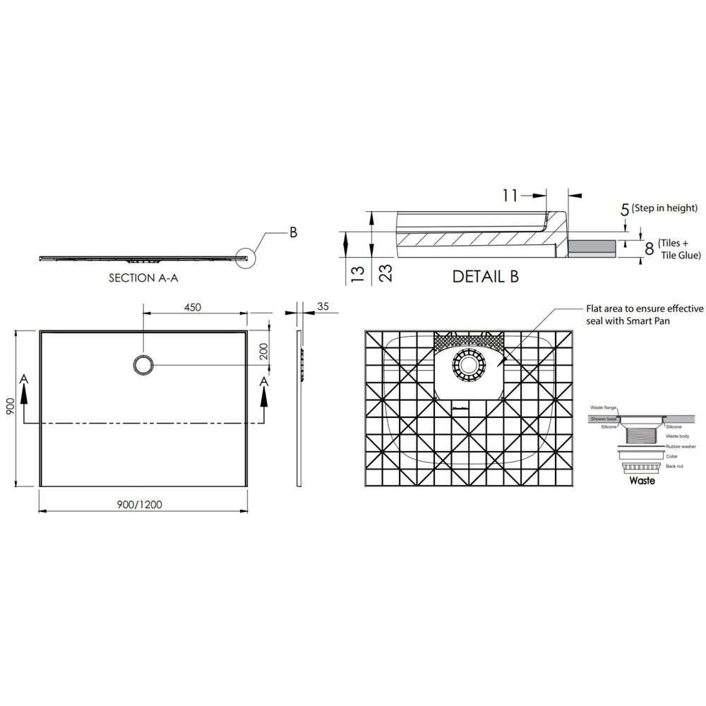 JOHNSON SUISSE SUPER SLIM SMC SHOWER BASE 900MM WHITE
