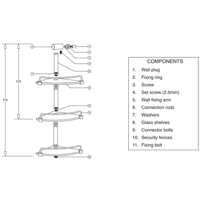 JOHNSON SUISSE FLINDERS SHOWER TIDY 2-TIER TEMPERED GLASS SHELVES 535MM CHROME