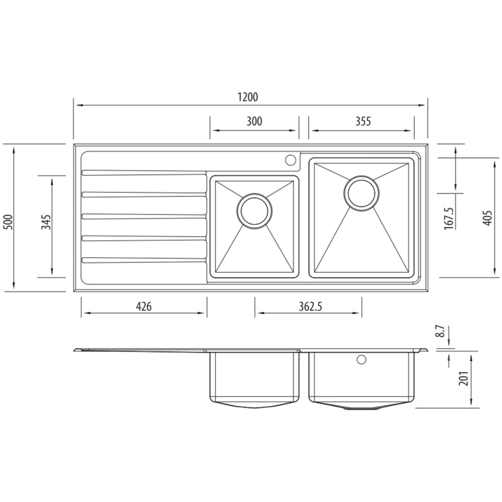 OLIVERI APOLLO 1 & 3/4 BOWL TOPMOUNT KITCHEN SINK WITH TAPHOLE & DRAINER STAINLESS STEEL 1200MM