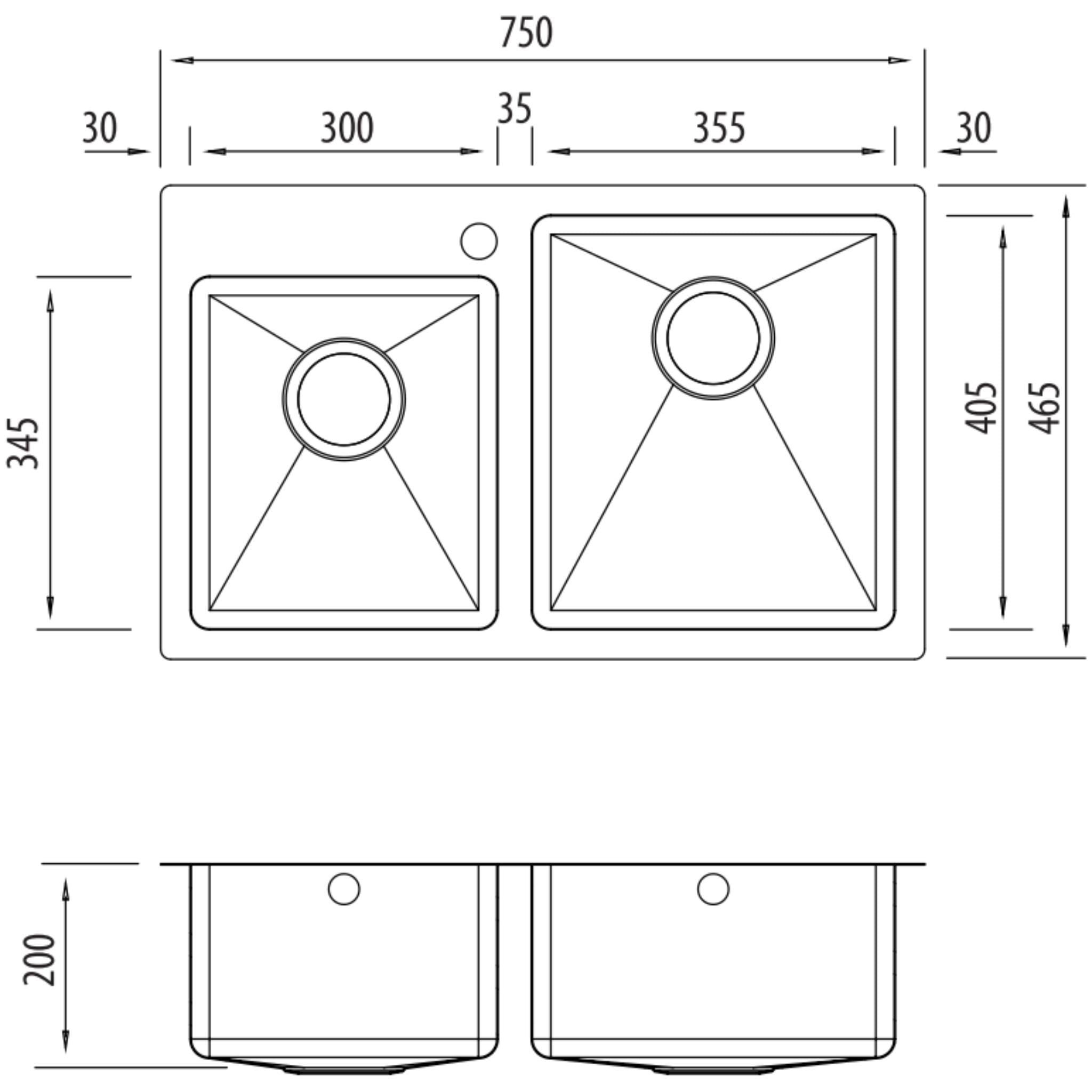 OLIVERI APOLLO 1 & 3/4 OFFSET BOWL KITCHEN SINK WITH TAPHOLE STAINLESS STEEL 750MM