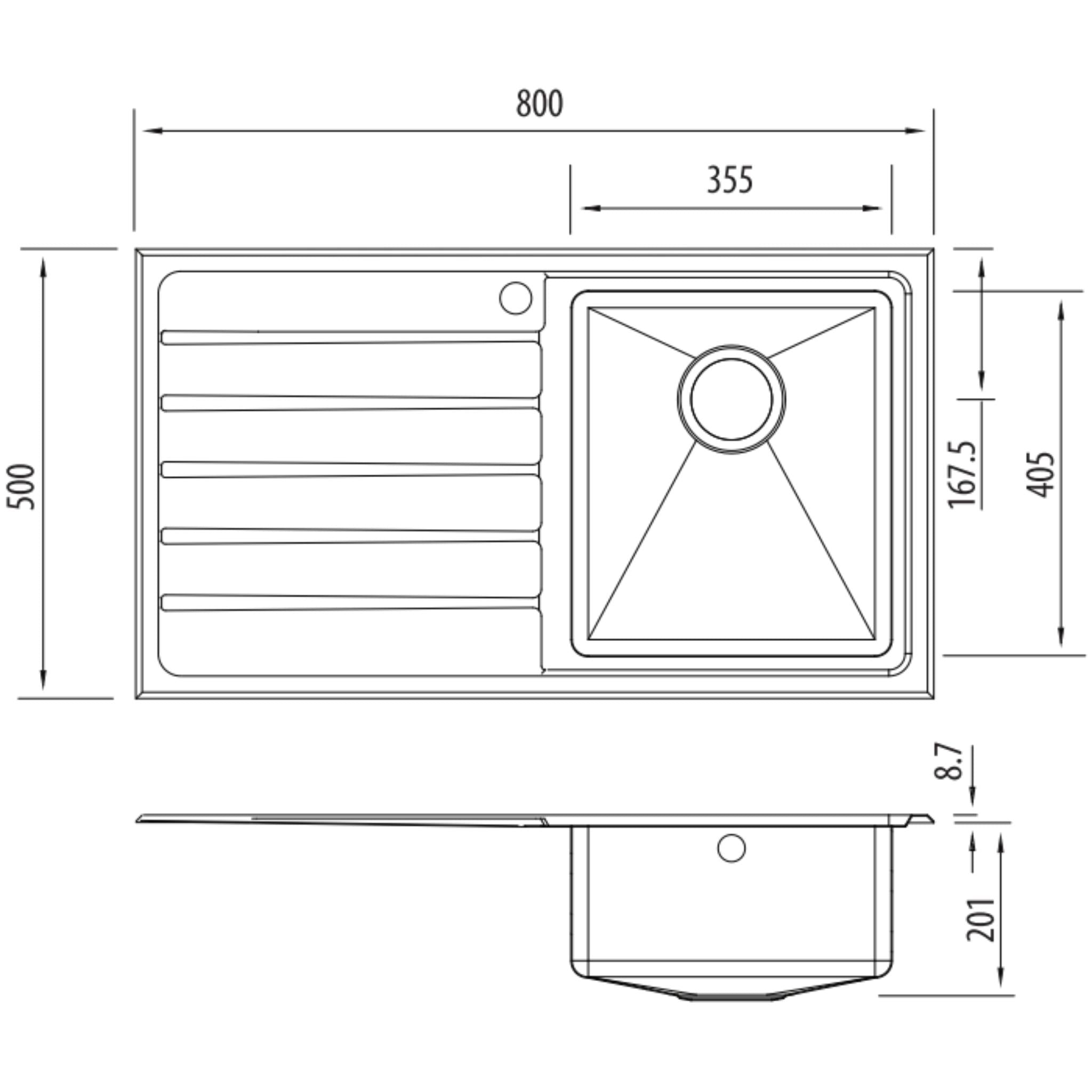 OLIVERI APOLLO SINGLE BOWL TOPMOUNT KITCHEN SINK WITH TAPHOLE & DRAINER STAINLESS STEEL 800MM