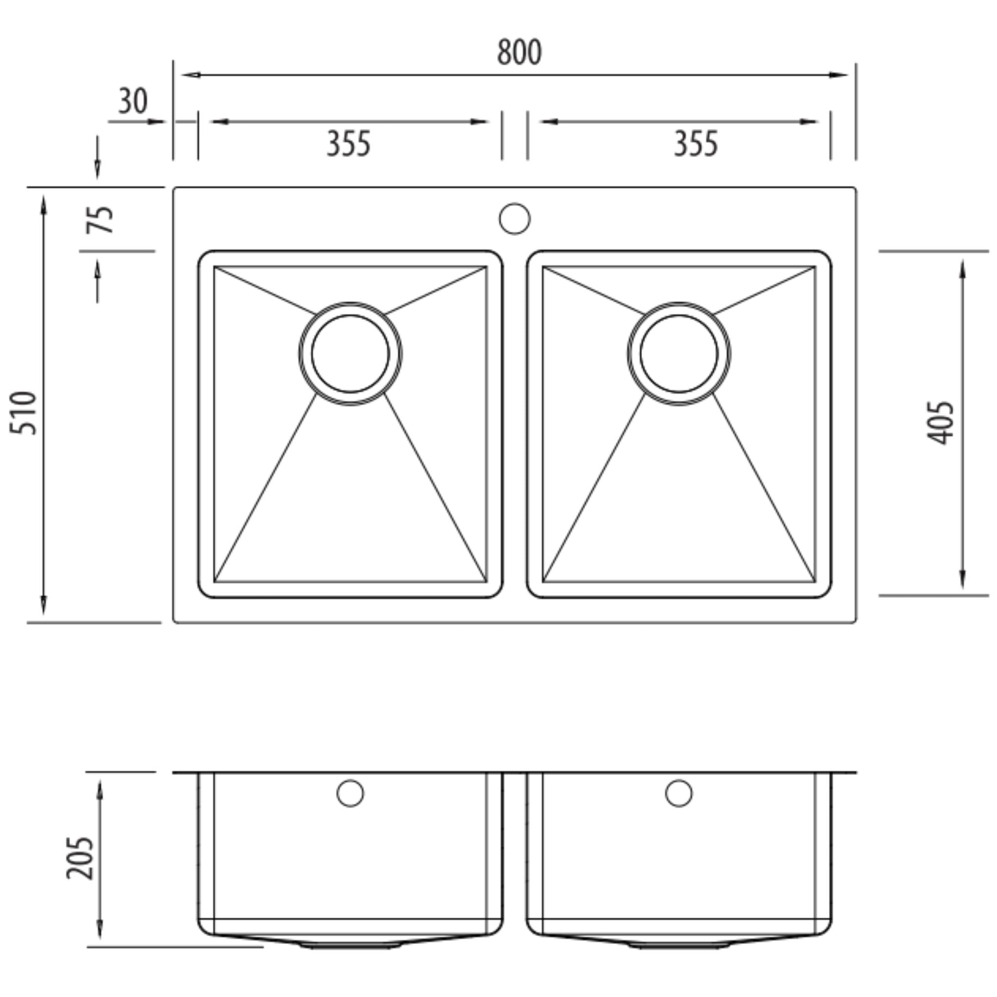OLIVERI APOLLO DOUBLE BOWL KITCHEN SINK WITH TAPHOLE STAINLESS STEEL 800MM