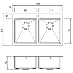 OLIVERI APOLLO DOUBLE BOWL KITCHEN SINK WITH TAPHOLE STAINLESS STEEL 800MM