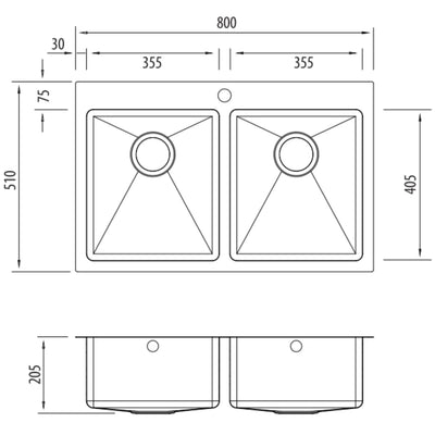 OLIVERI APOLLO DOUBLE BOWL KITCHEN SINK WITH TAPHOLE STAINLESS STEEL 800MM