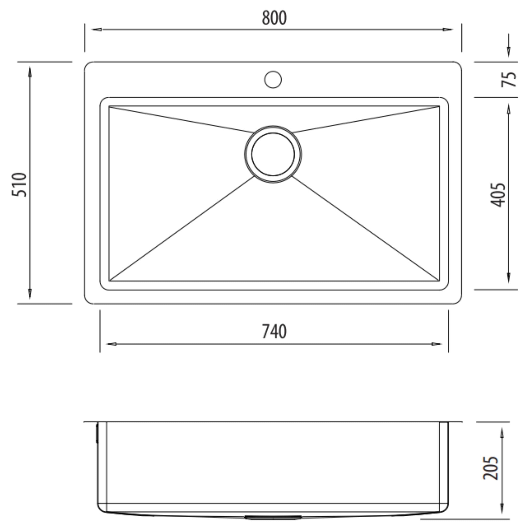 OLIVERI APOLLO SINGLE BOWL KITCHEN AND LAUNDRY SINK WITH TAPHOLE STAINLESS STEEL 800MM