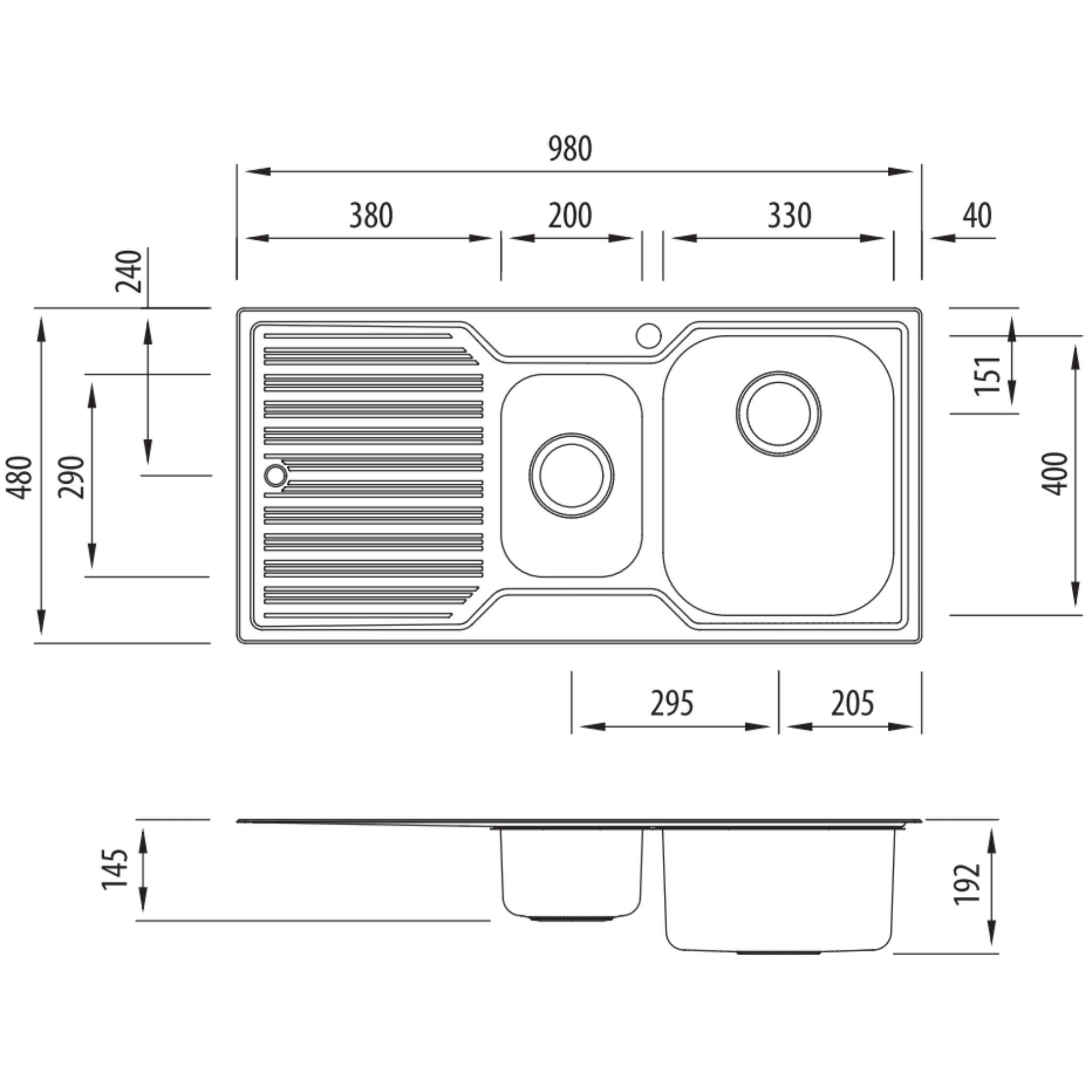 OLIVERI DIAZ 1 & 1/2 BOWL TOPMOUNT KITCHEN SINK WITH DRAINER STAINLESS STEEL 980MM