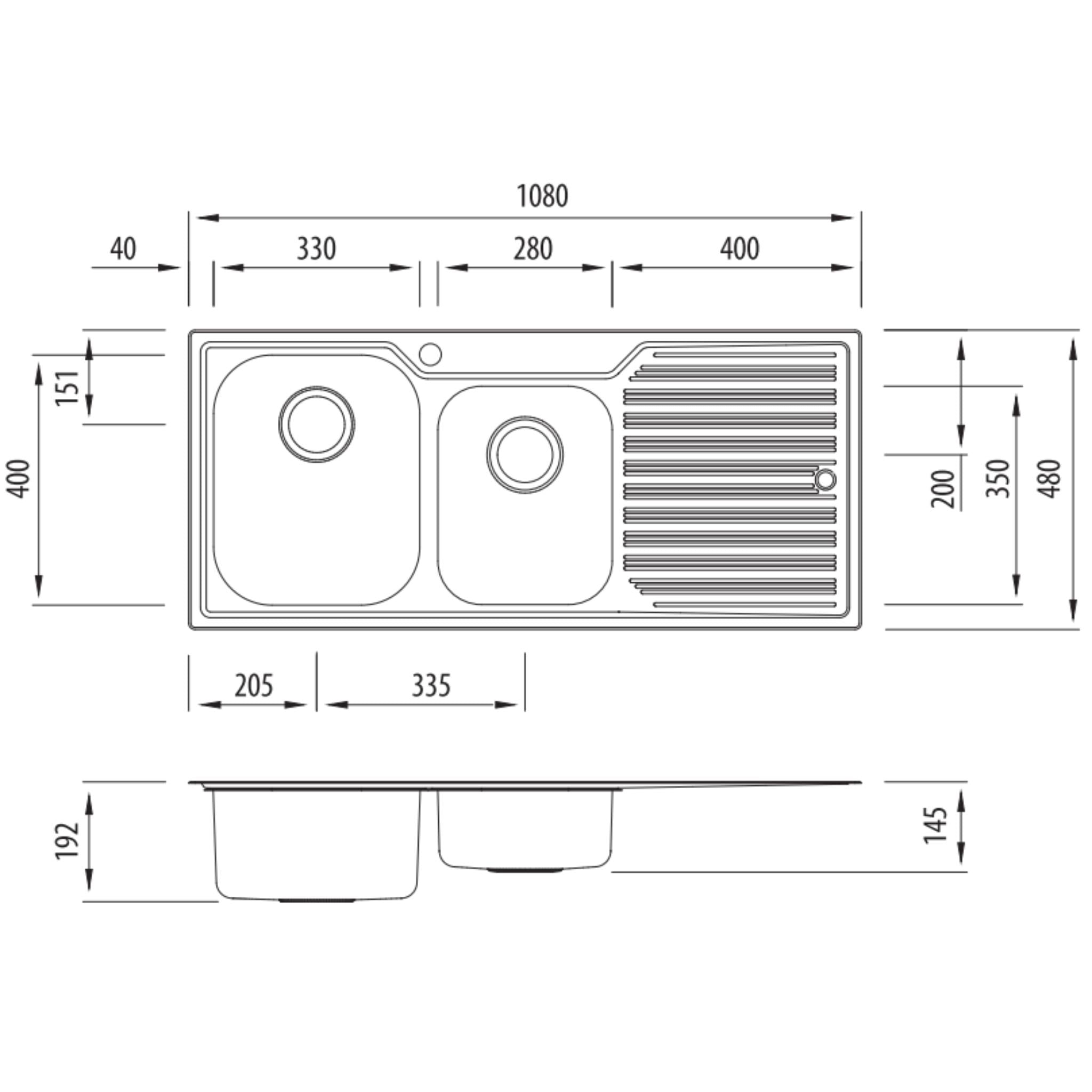 OLIVERI DIAZ 1 & 3/4 BOWL TOPMOUNT KITCHEN SINK WITH DRAINER STAINLESS STEEL 1080MM