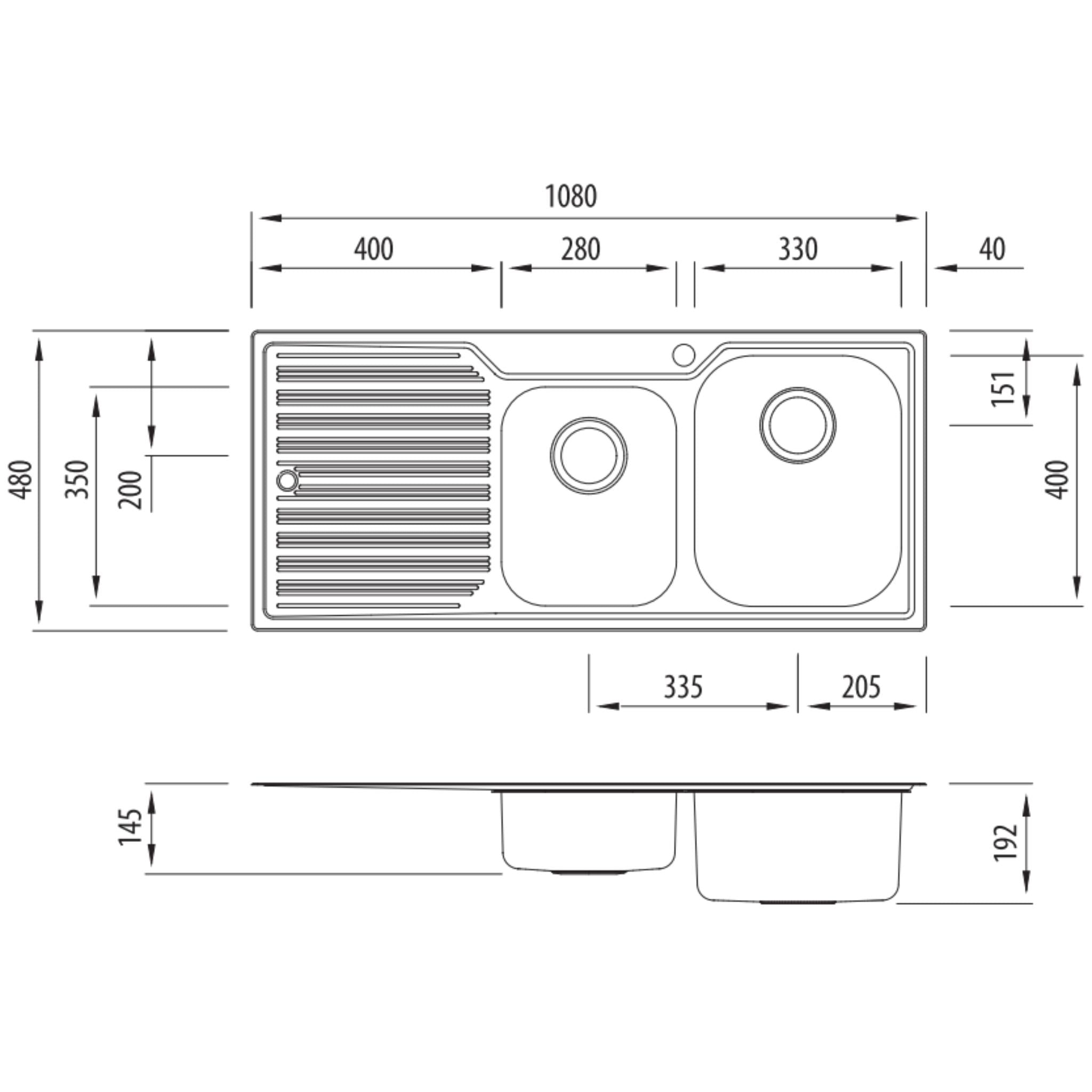 OLIVERI DIAZ 1 & 3/4 BOWL TOPMOUNT KITCHEN SINK WITH DRAINER STAINLESS STEEL 1080MM