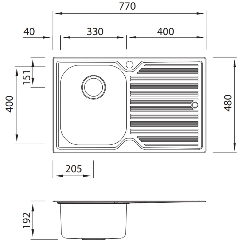 OLIVERI DIAZ SINGLE BOWL TOPMOUNT KITCHEN SINK WITH DRAINER STAINLESS STEEL 770MM