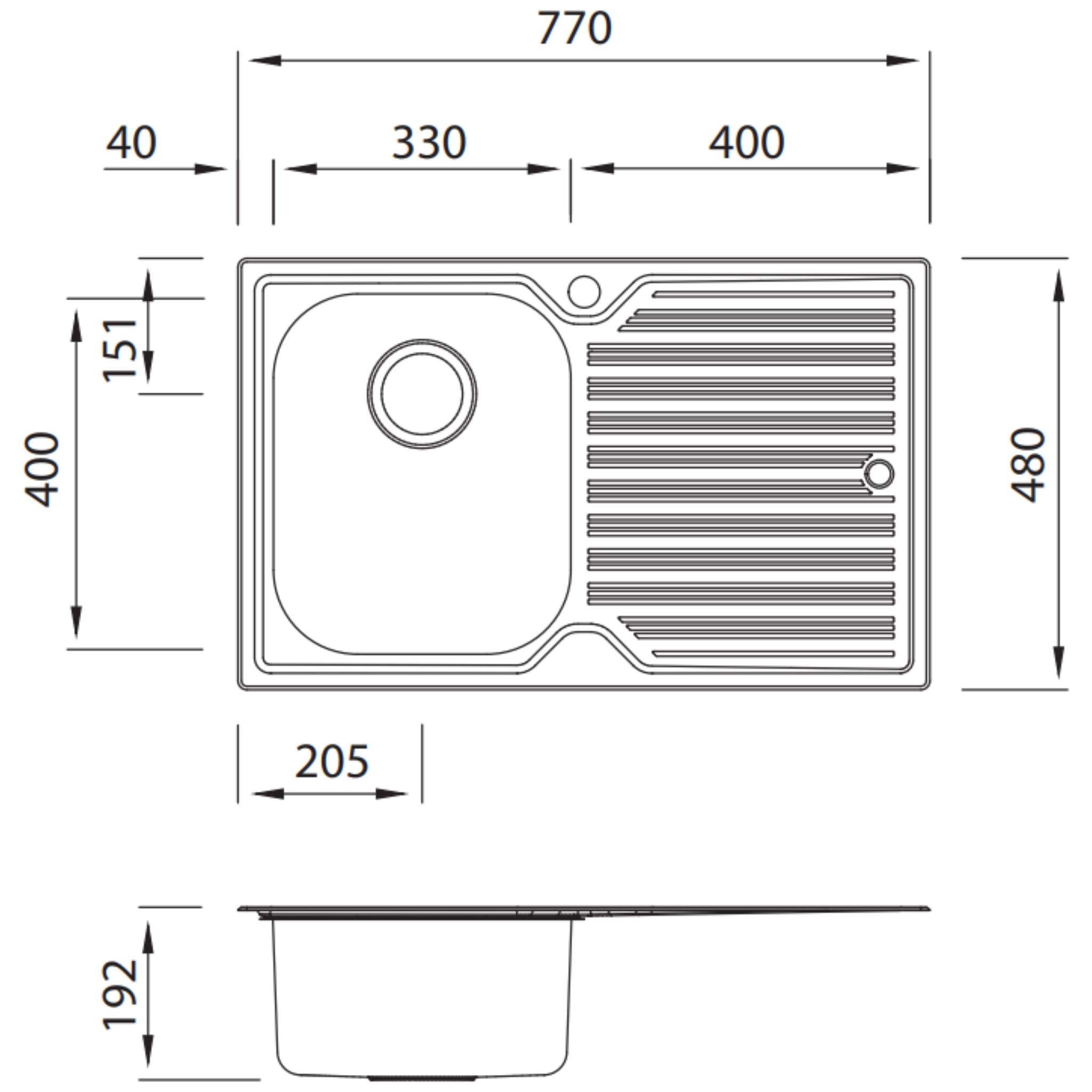 OLIVERI DIAZ SINGLE BOWL TOPMOUNT KITCHEN SINK WITH DRAINER STAINLESS STEEL 770MM