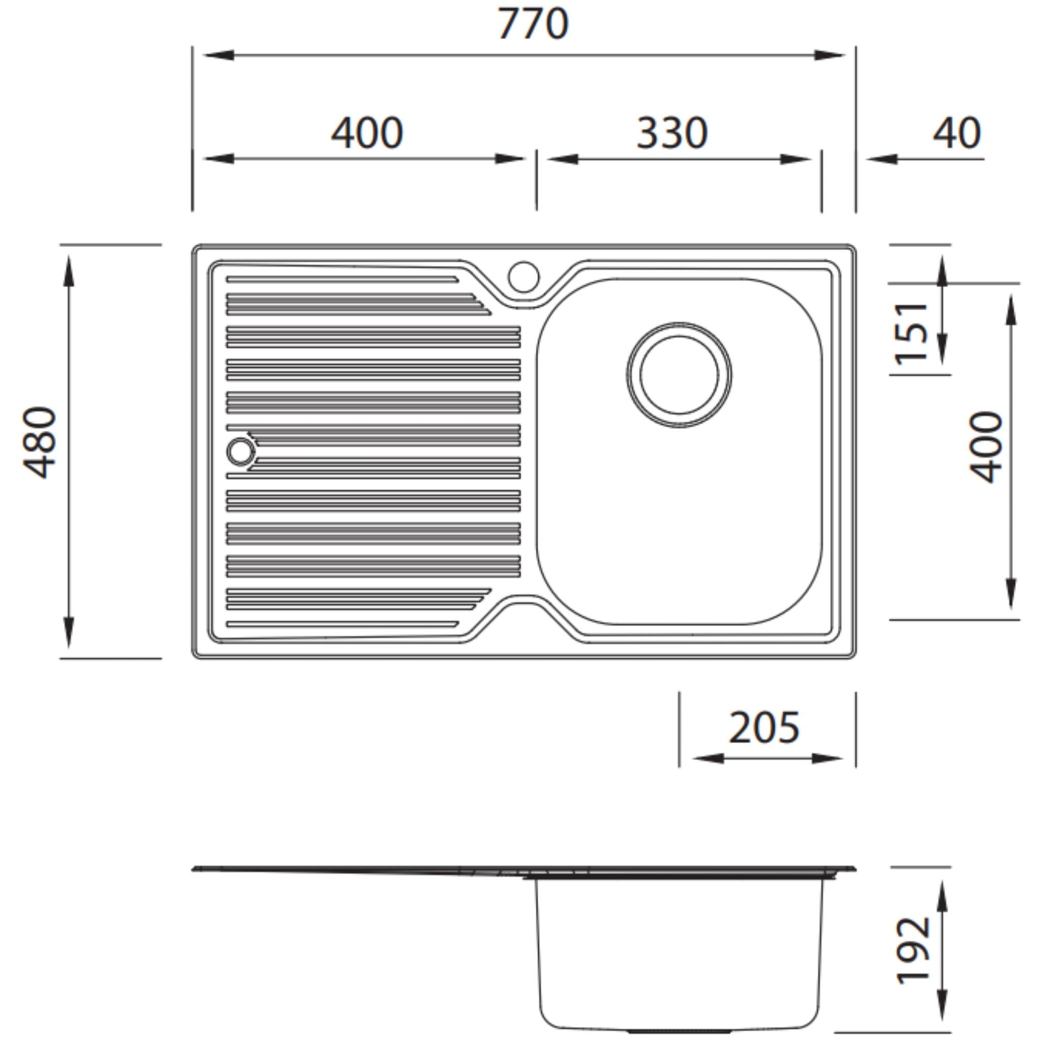 OLIVERI DIAZ SINGLE BOWL TOPMOUNT KITCHEN SINK WITH DRAINER STAINLESS STEEL 770MM