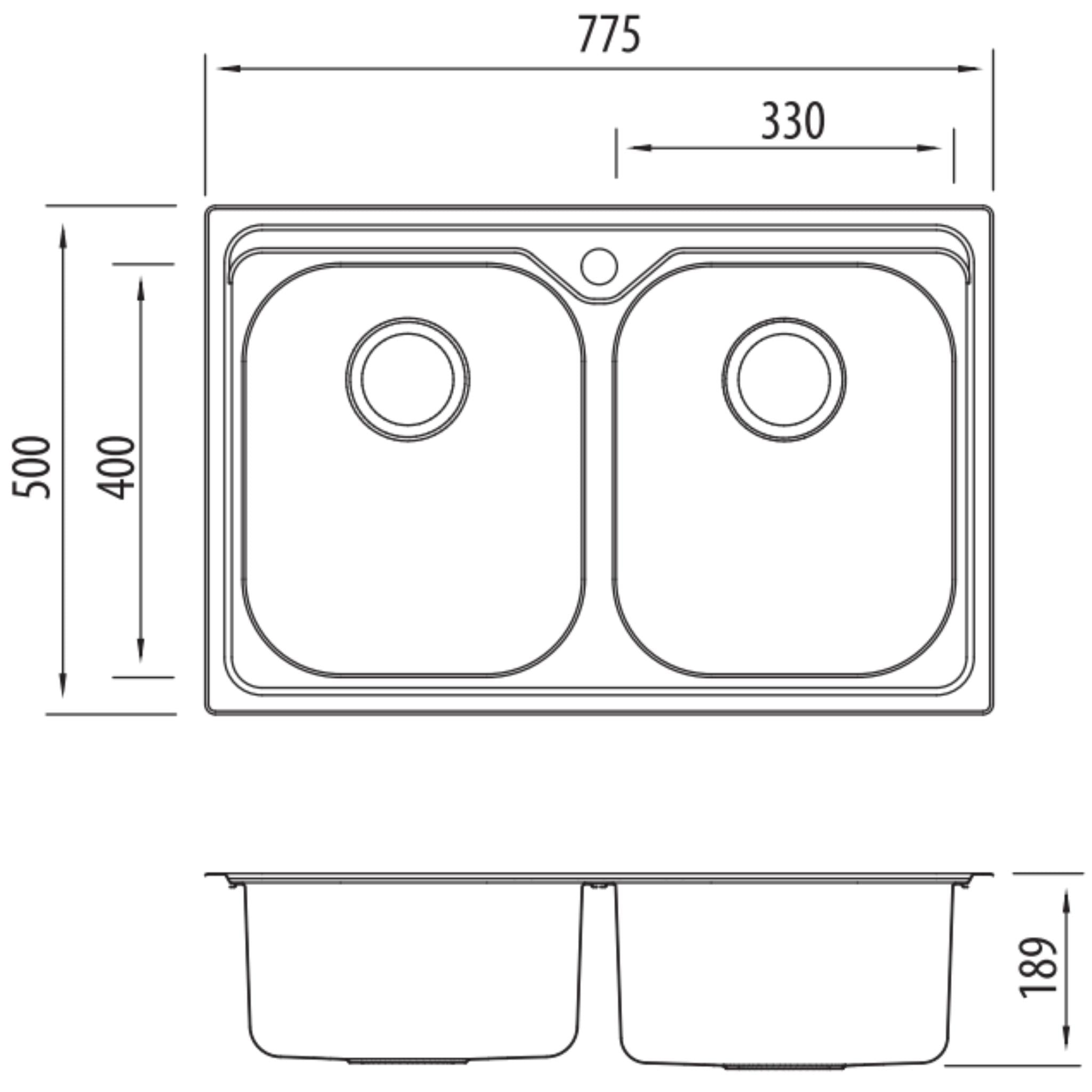 OLIVERI DIAZ DOUBLE BOWL ALFRESCO AND UNIVERSAL KITCHEN SINK WITH TAPHOLE STAINLESS STEEL 775MM
