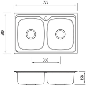 OLIVERI ENDEAVOUR DOUBLE BOWL UNIVERSAL KITCHEN SINK WITH TAPHOLE STAINLESS STEEL 775MM