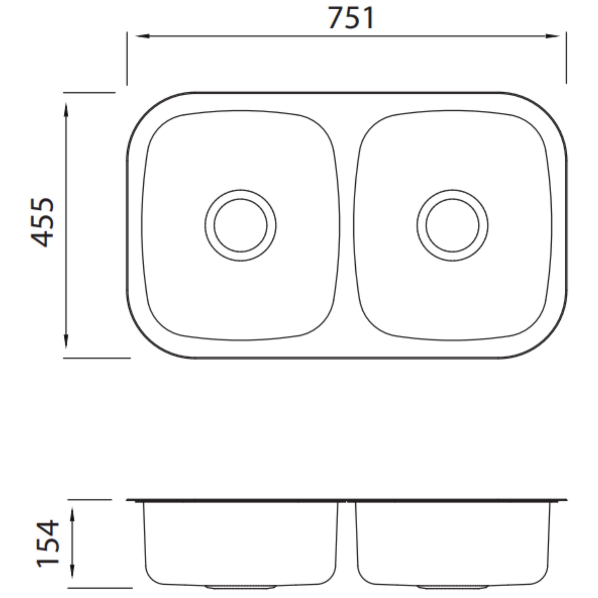 OLIVERI ENDEAVOUR DOUBLE BOWL UNDERMOUNT KITCHEN SINK STAINLESS STEEL 751MM