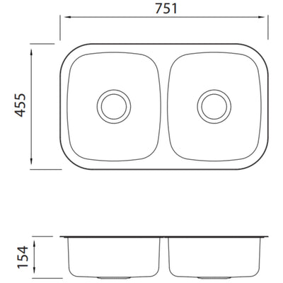 OLIVERI ENDEAVOUR DOUBLE BOWL UNDERMOUNT KITCHEN SINK STAINLESS STEEL 751MM