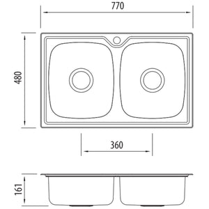 OLIVERI ENDEAVOUR DOUBLE BOWL TOPMOUNT KITCHEN SINK STAINLESS STEEL 770MM