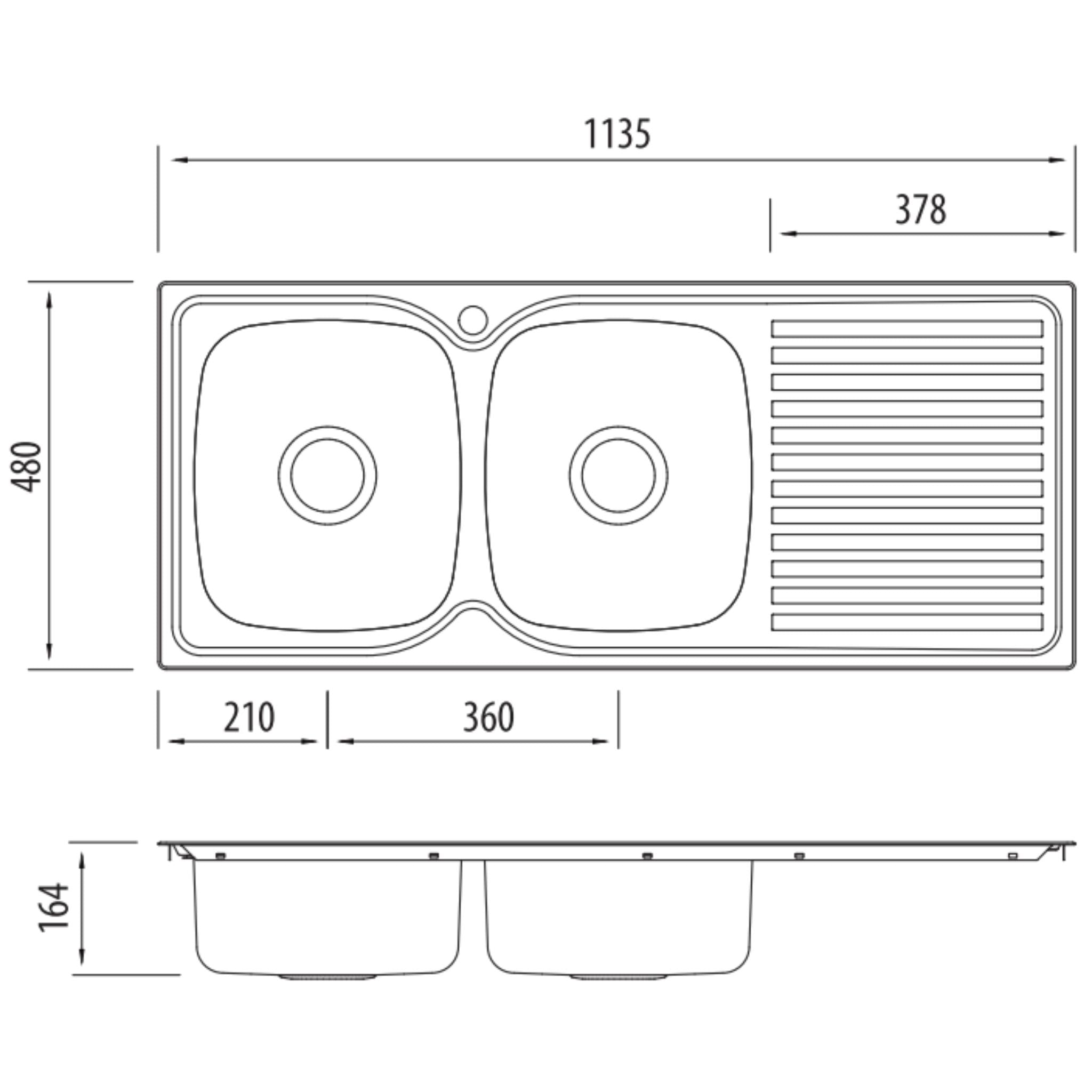 OLIVERI ENDEAVOUR DOUBLE BOWL TOPMOUNT KITCHEN SINK WITH DRAINER STAINLESS STEEL 1135MM