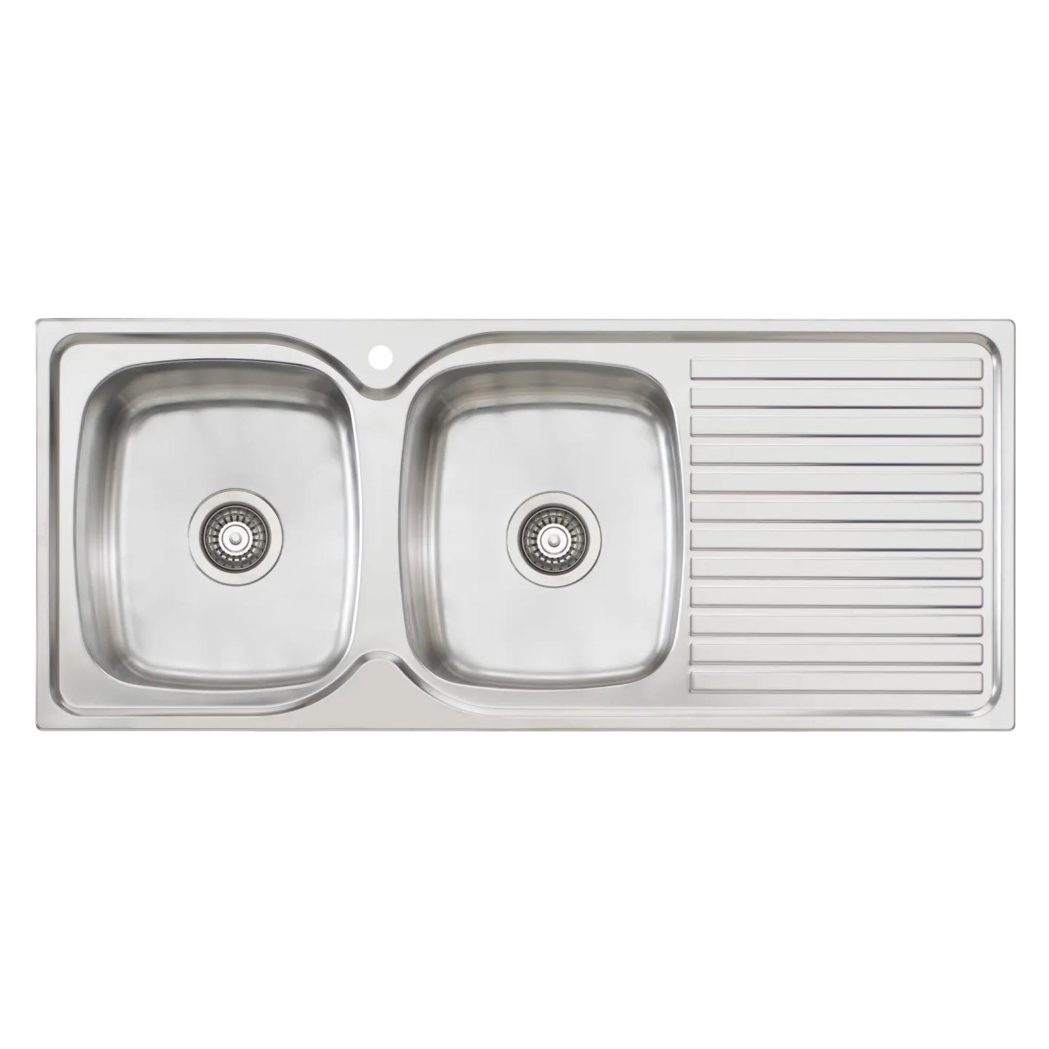 OLIVERI ENDEAVOUR DOUBLE BOWL TOPMOUNT KITCHEN SINK WITH DRAINER STAINLESS STEEL 1135MM