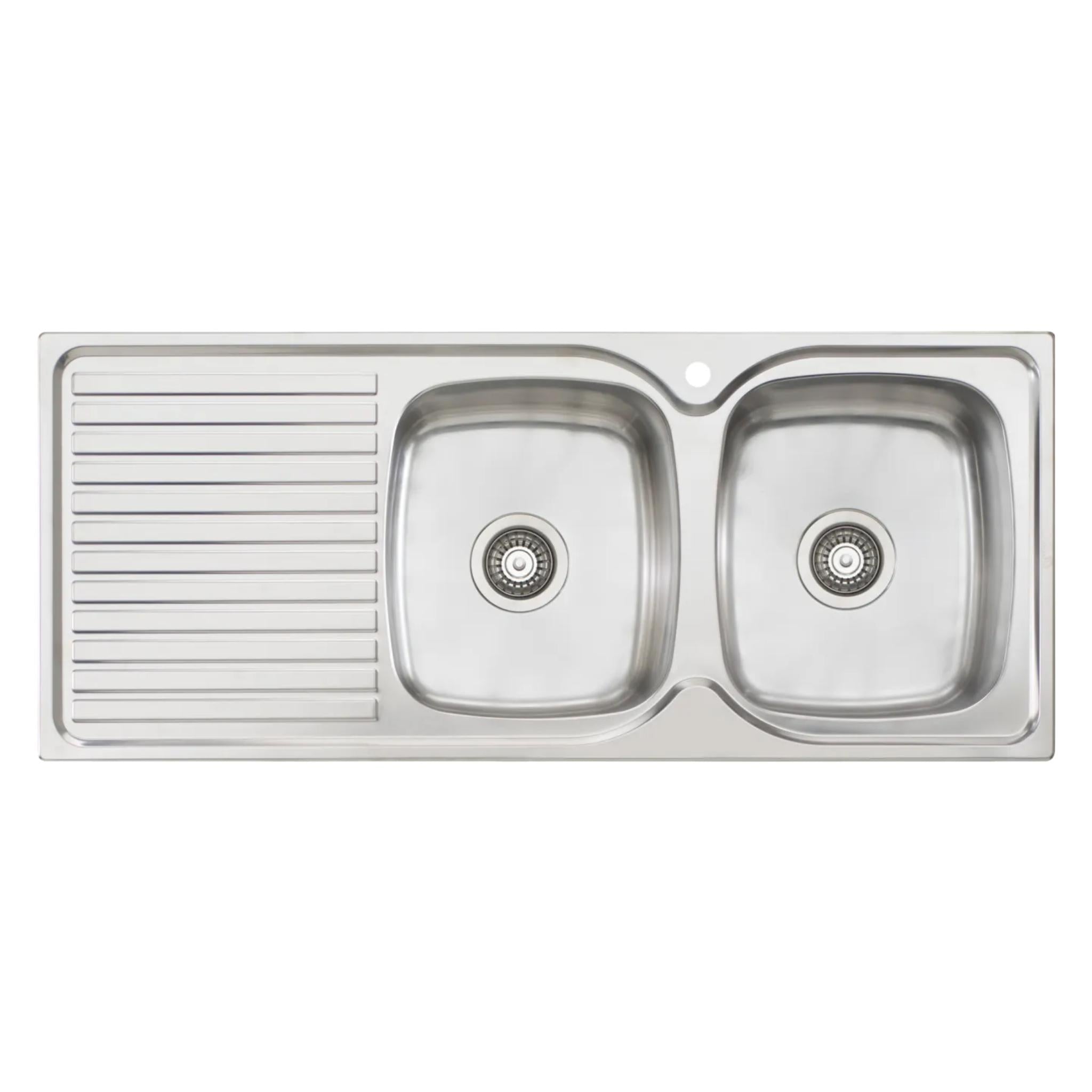 OLIVERI ENDEAVOUR DOUBLE BOWL TOPMOUNT KITCHEN SINK WITH DRAINER STAINLESS STEEL 1135MM