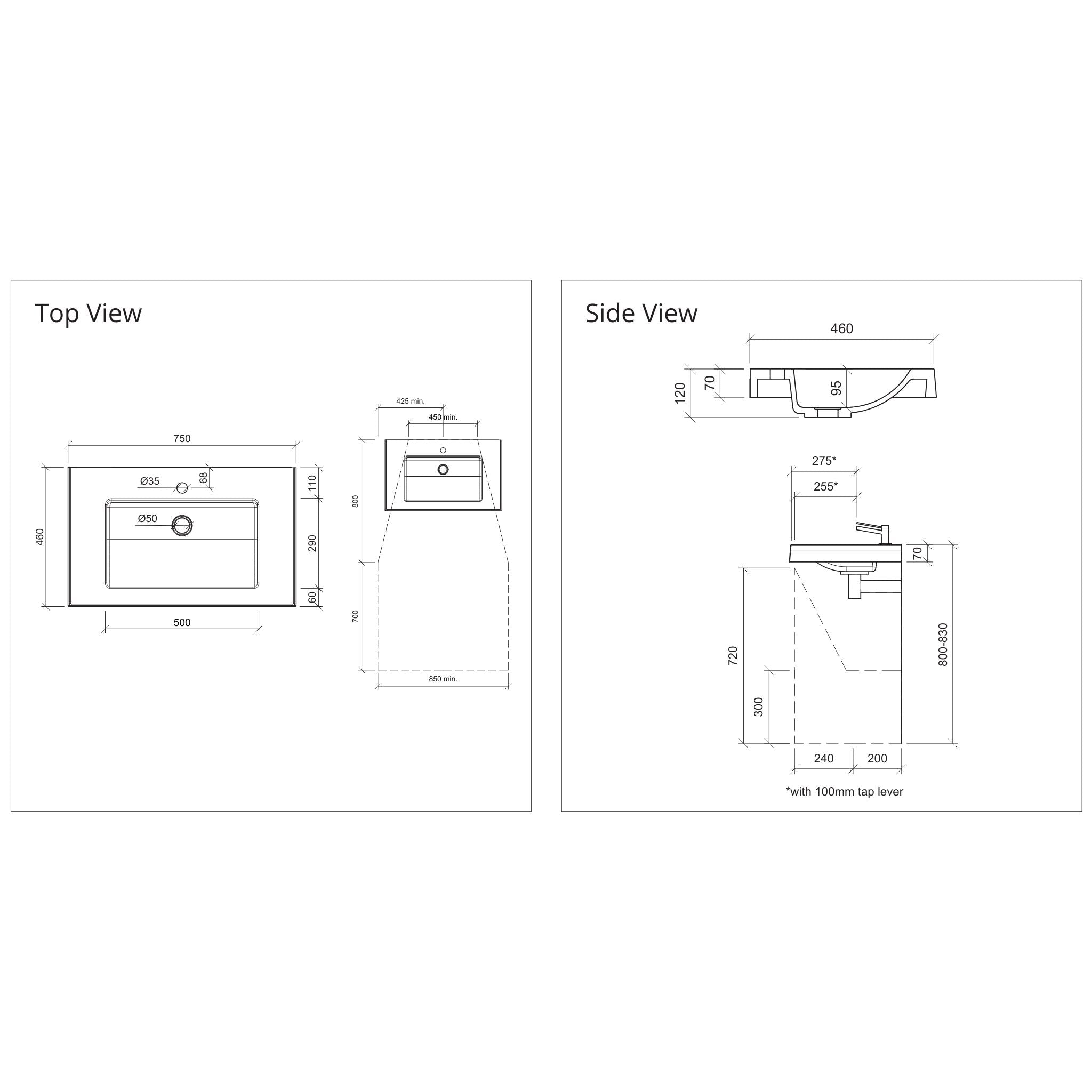 DUROCLASS ESSENTIAL SINGLE BOWL WALL HUNG ACCESSIBLE BASIN GLOSS WHITE (MULTIPLE SIZES AVAILABLE)