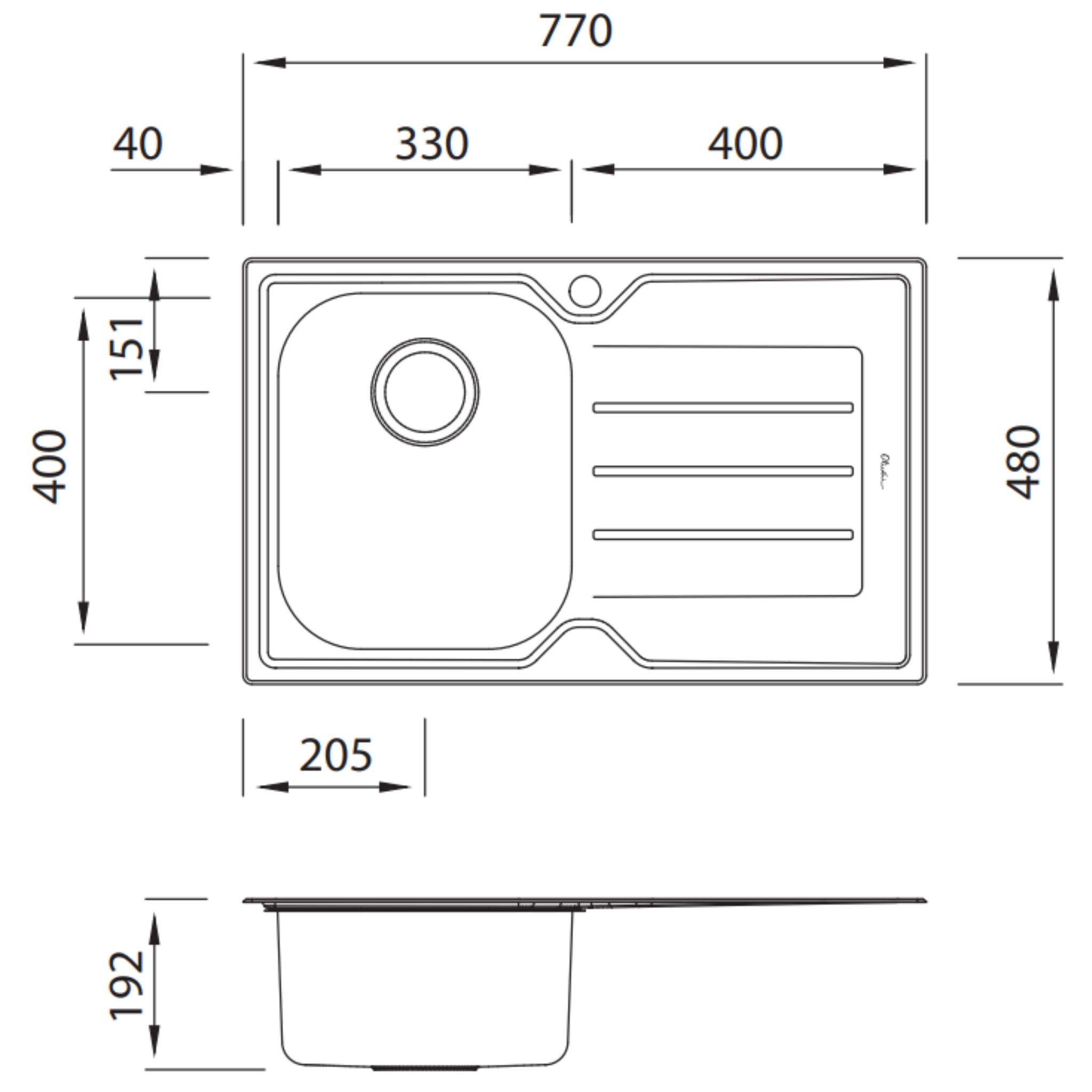 OLIVERI FLINDERS SINGLE BOWL TOPMOUNT KITCHEN SINK WITH DRAINER STAINLESS STEEL 770MM
