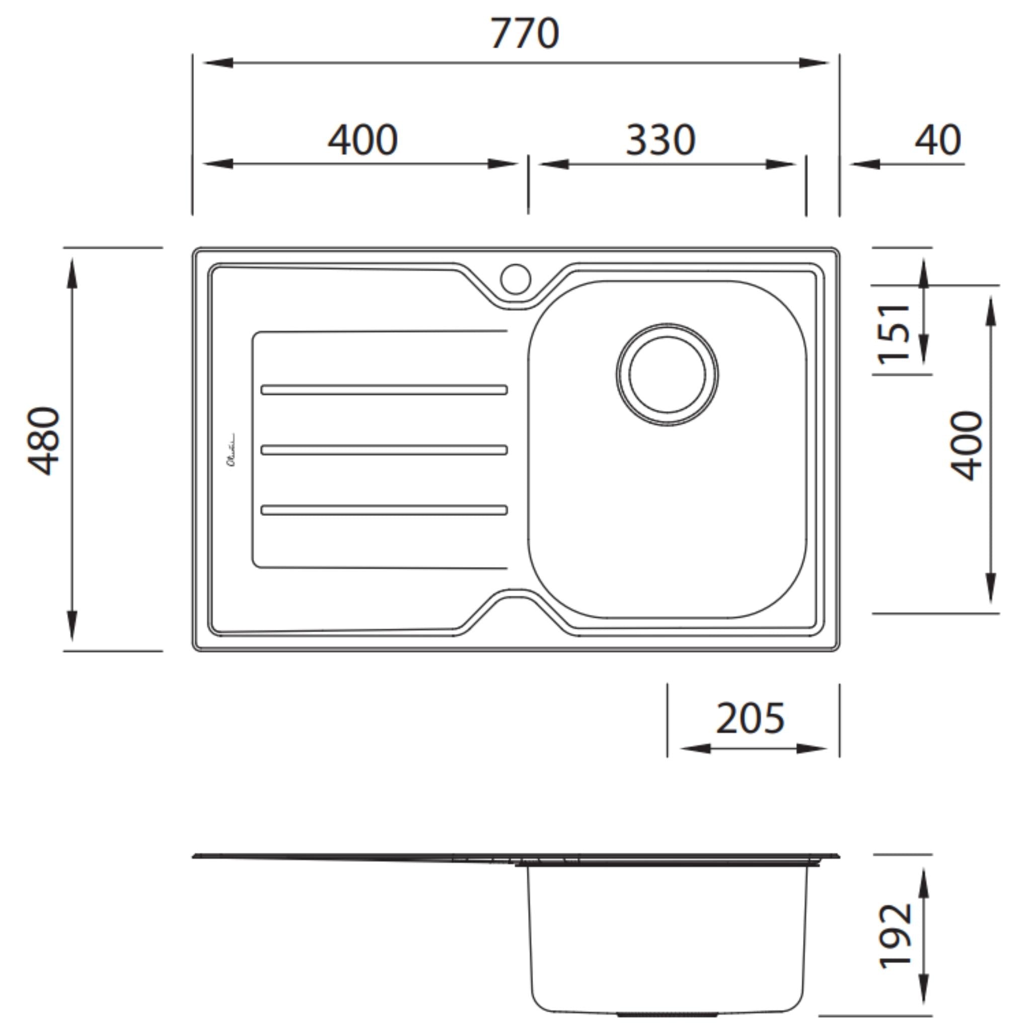 OLIVERI FLINDERS SINGLE BOWL TOPMOUNT KITCHEN SINK WITH DRAINER STAINLESS STEEL 770MM