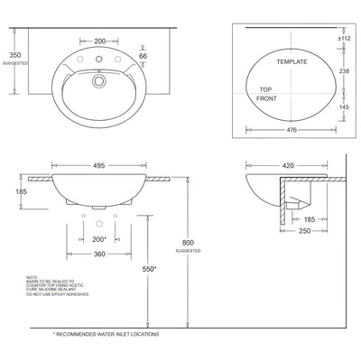 JOHNSON SUISSE AVON SEMI-RECESSED COUNTER TOP BASINS ONE TAPHOLE WITH JS BOTTLE TRAP AND CHROME POP-UP WASTE WHITE 495MM