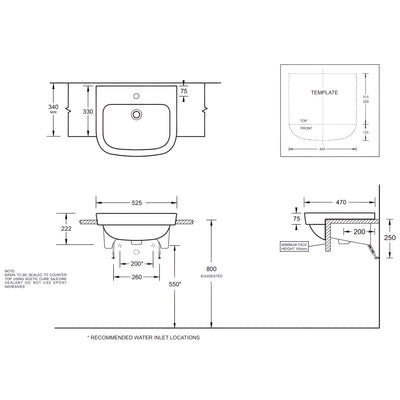 JOHNSON SUISSE LIFE SEMI-RECESSED COUNTER TOP BASINS ONE TAPHOLE WITH JS BOTTLE TRAP AND CHROME POP-UP WASTE WHITE 525MM