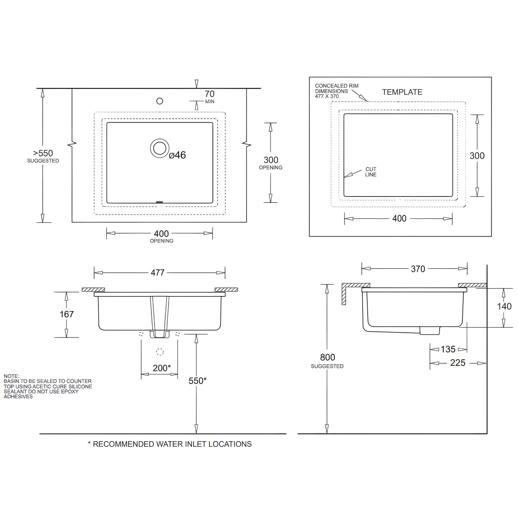 JOHNSON SUISSE QUADO RECTANGULAR UNDER-COUNTER BASIN WHITE 477MM