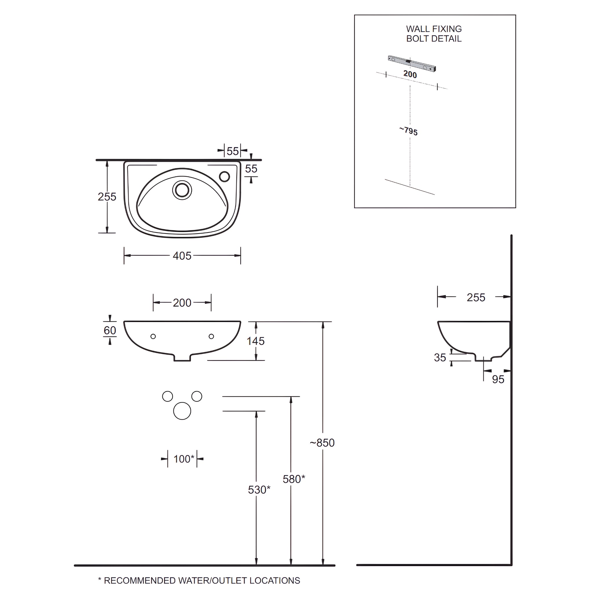 JOHNSON SUISSE CLASSICA COMPACT WALL HUNG BASINS WHITE 400MM