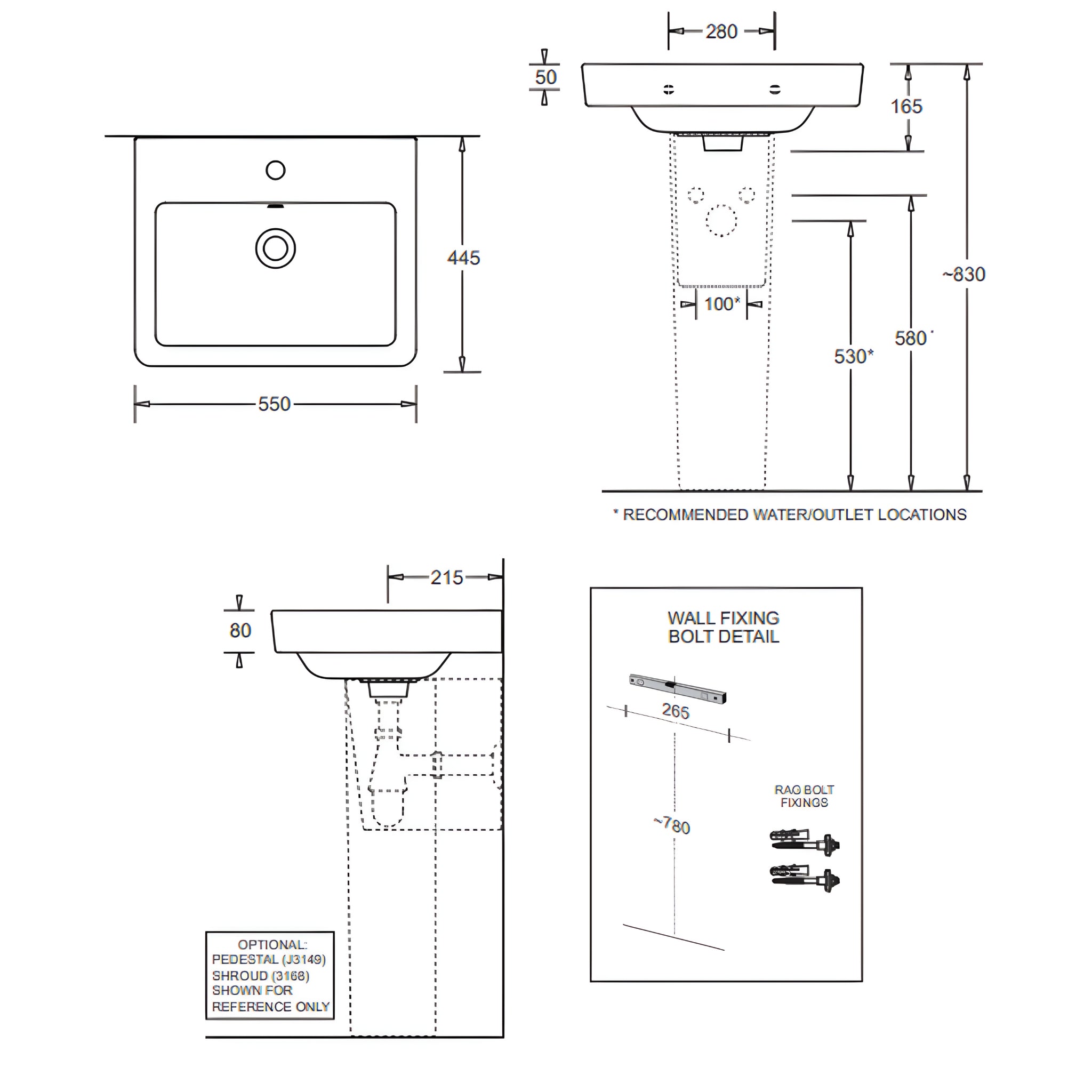 JOHNSON SUISSE QUADO RECTANGULAR WALL HUNG BASIN WITH SHROUD AND BOTTLE TRAP WHITE 550MM