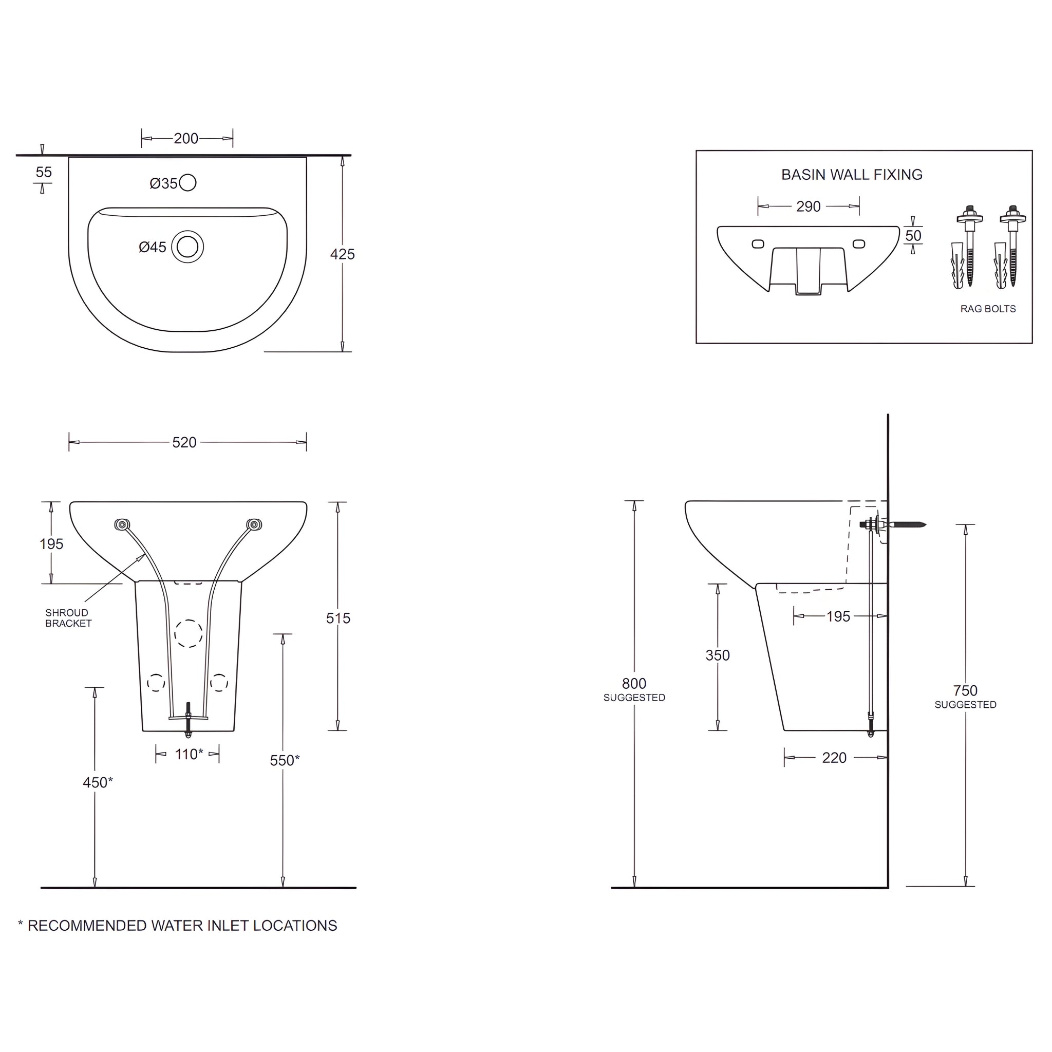 JOHNSON SUISSE COMO WALL HUNG BASINS WHITE 525MM