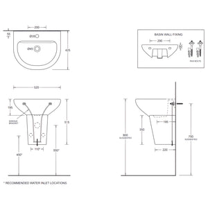 JOHNSON SUISSE COMO WALL HUNG BASINS WHITE 525MM