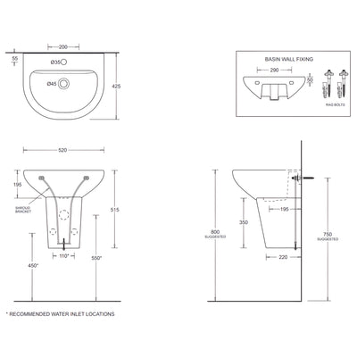 JOHNSON SUISSE COMO WALL HUNG BASINS WHITE 525MM