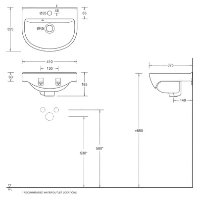 JOHNSON SUISSE WINDSOR COMPACT WALL HUNG BASINS WHITE 410MM