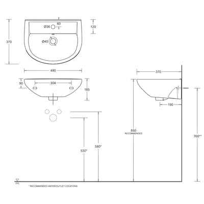 JOHNSON SUISSE WINDSOR COMPACT WALL HUNG BASINS WHITE 480MM