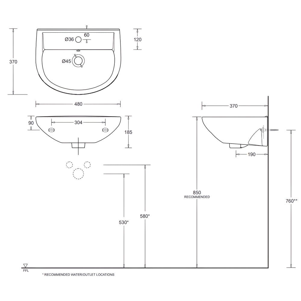 JOHNSON SUISSE WINDSOR COMPACT WALL HUNG BASINS WHITE 480MM