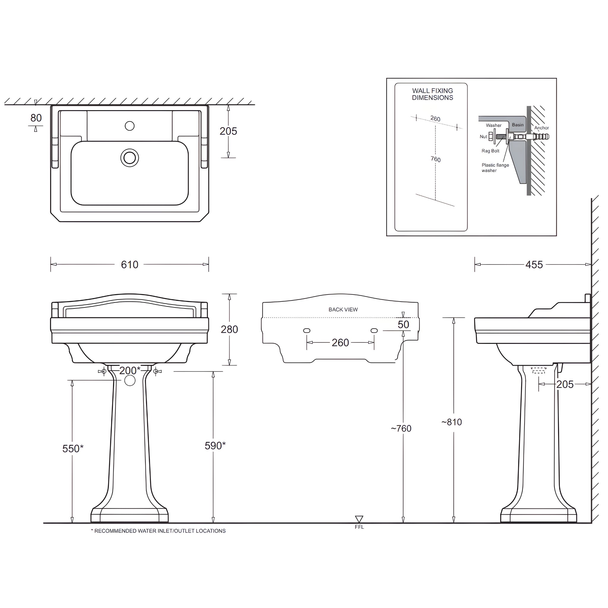 JOHNSON SUISSE COLONIAL WALL HUNG BASIN THREE TAPHOLE WHITE 610MM