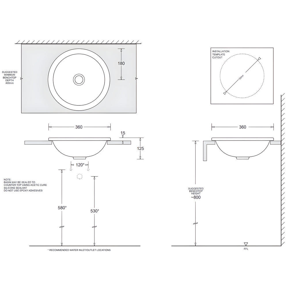 JOHNSON SUISSE EMILIA ROUND COMPACT VANITY TOP-MOUNT BASINS WHITE 360MM