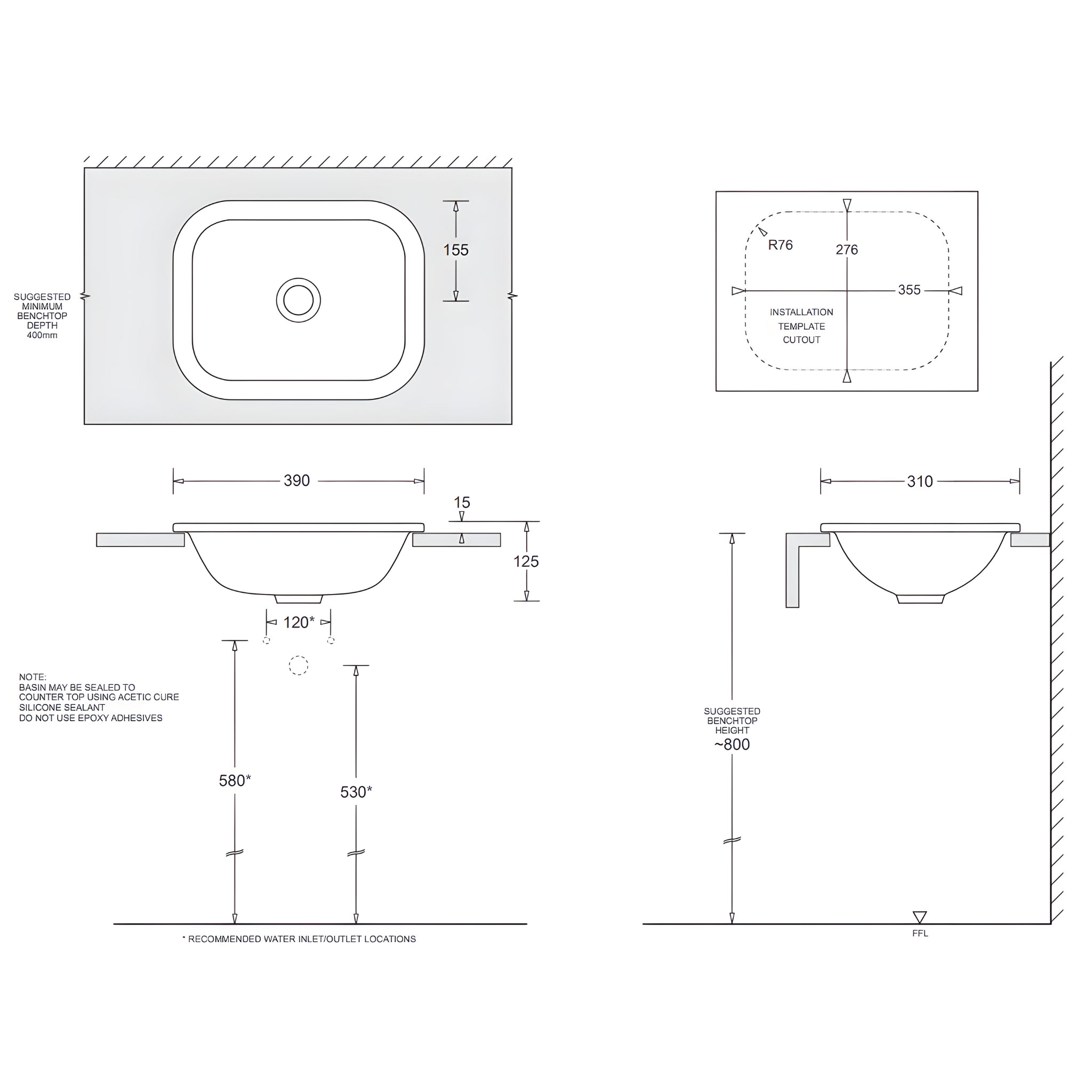 JOHNSON SUISSE EMILIA RECTANGULAR COMPACT VANITY TOP-MOUNT BASIN WHITE 390MM