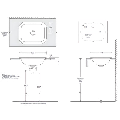 JOHNSON SUISSE EMILIA RECTANGULAR COMPACT VANITY TOP-MOUNT BASINS WHITE 390MM