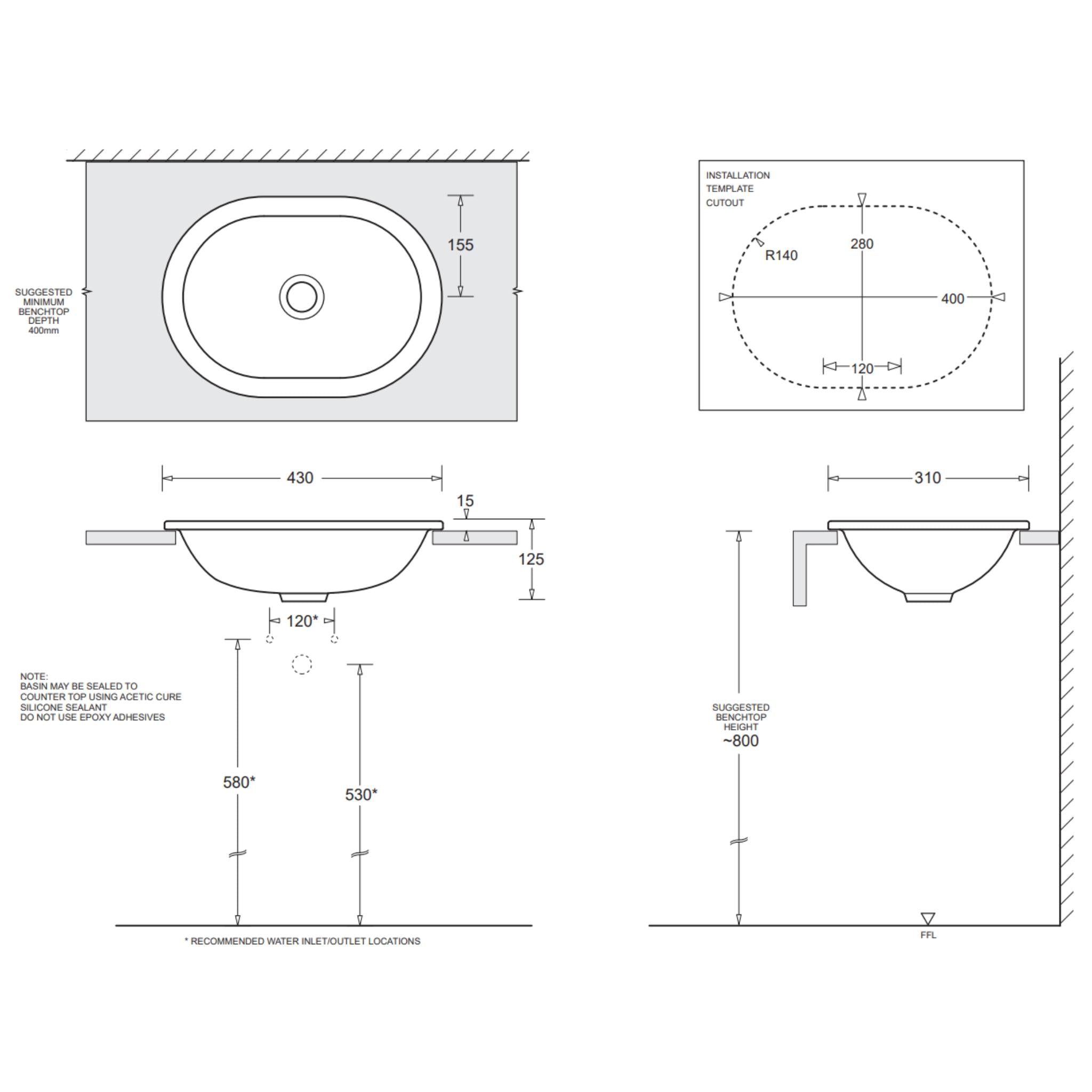 JOHNSON SUISSE EMILIA OVAL COMPACT VANITY TOP-MOUNT BASIN WHITE 430MM