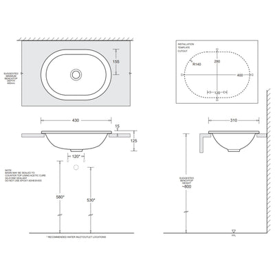 JOHNSON SUISSE EMILIA OVAL COMPACT VANITY TOP-MOUNT BASINS WHITE 430MM