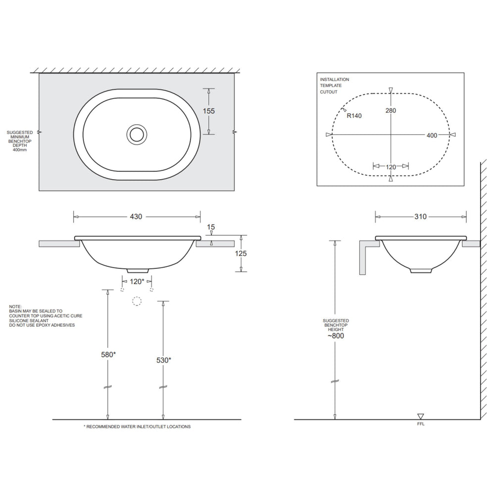 JOHNSON SUISSE EMILIA OVAL COMPACT VANITY TOP-MOUNT BASINS WHITE 430MM