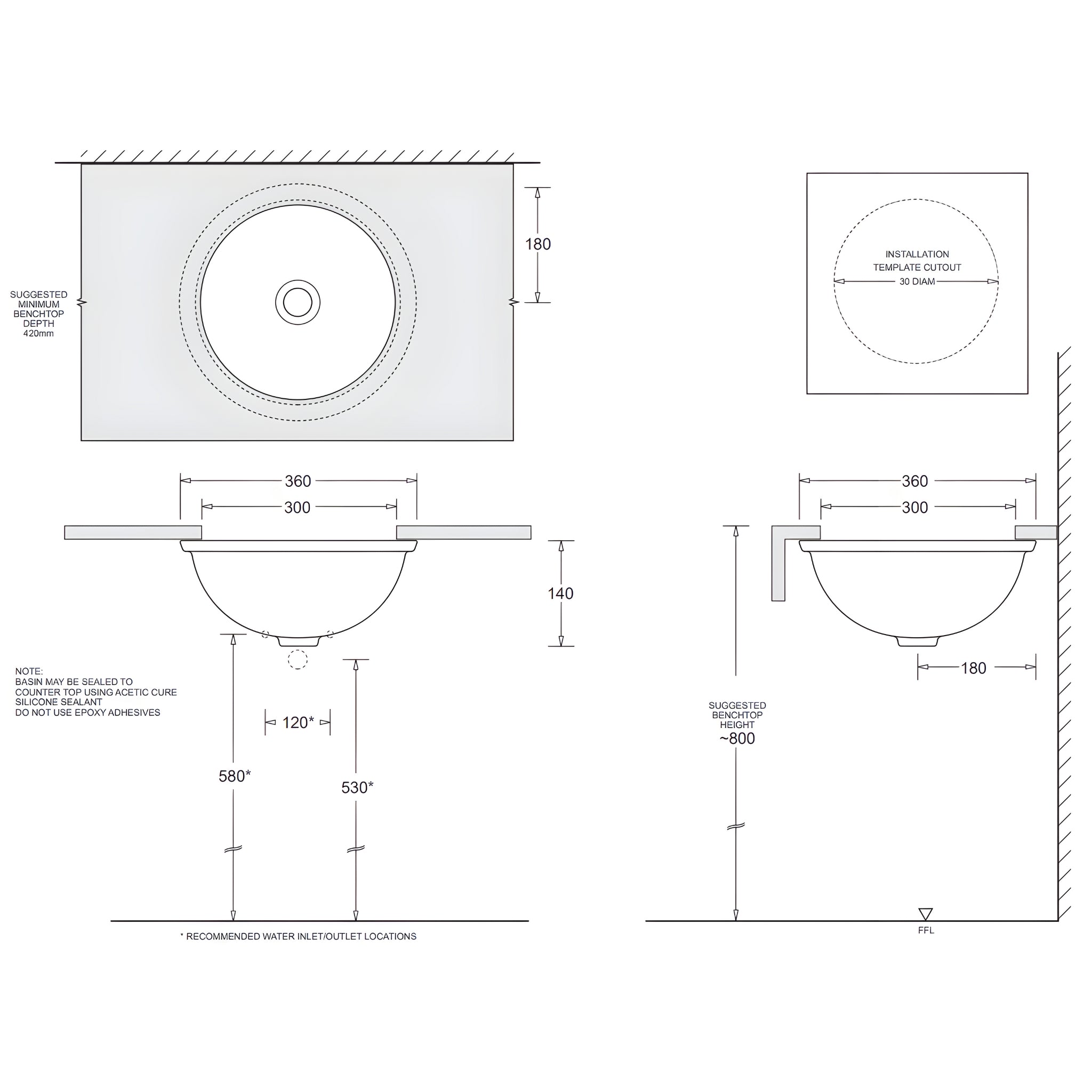 JOHNSON SUISSE EMILIA ROUND COMPACT VANITY UNDERCOUNTER BASIN WHITE 360MM